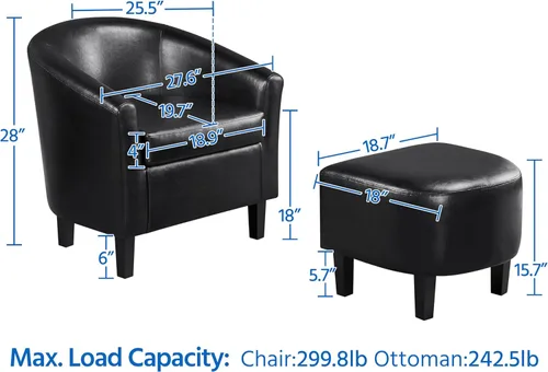 Miniatura 3 de Yaheetech Sillón moderno con reposapiés de piel sintética con reposapiés, silla de lectura con reposapiés, color negro