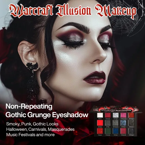 Miniatura 2 de Paleta de sombras de ojos roja y negra, maquillaje gótico rojo de Halloween Paleta de sombras de ojos negra con brillo plateado y purpurina, crema
