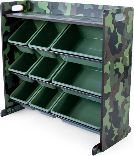 Humble Crew - Organizador de almacenamiento de juguetes con estante superior y 9 contenedores removibles, camuflaje/verde ejército – Estantería para
