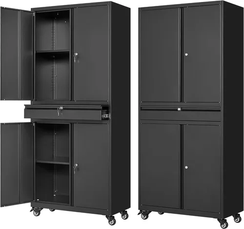 Letaya Armario de almacenamiento de metal para garaje con ruedas, gabinete de herramientas con 4 puertas, estantes ajustables con cerradura y 1 Negro