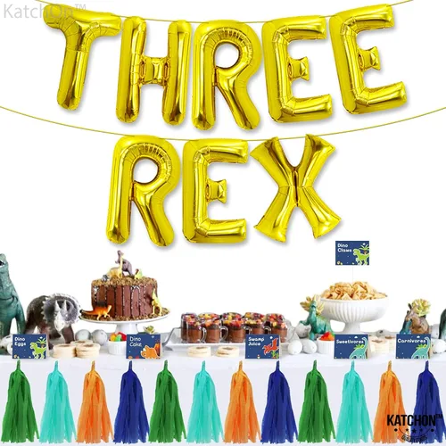 Miniatura 9 de Katchon, Enormes globos dorados de tres Rex – 16 pulgadas Tres decoraciones de cumpleaños Rex para niño Decoraciones de cumpleaños de dinosaurio