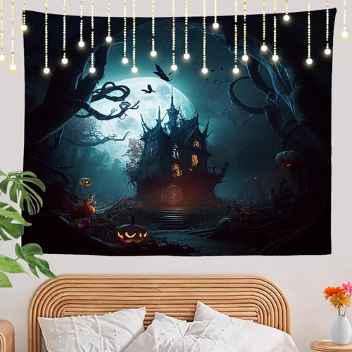Miniatura 2 de Shrahala Tapiz de pared divertido de Halloween, castillos, calabazas, murciélagos, bosques, niebla, para colgar en la pared, tapiz grande de fibra