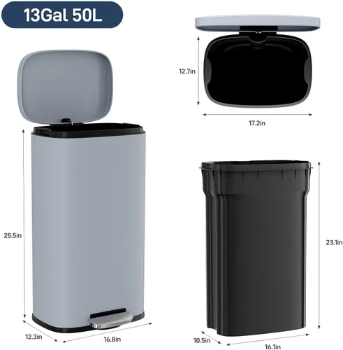 Miniatura 2 de Arlopu Cubo de basura de 8/13.2 galones, cubo de basura de acero inoxidable, cubo de basura de cierre suave con cubo interior de plástico extraíble