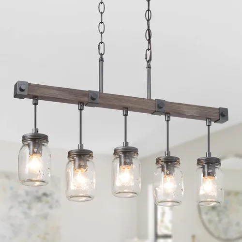 LOG BARN Candelabros de granja para comedor, iluminación de isla de cocina con 5 tarros de masón, luces rústicas de isla de madera sintética para
