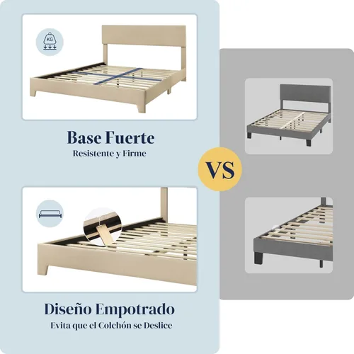 Miniatura 4 de Allewie Base de cama tamaño matrimonial con cabecera ajustable, cama tapizada con plataforma y listones de madera, base de colchón resistente,
