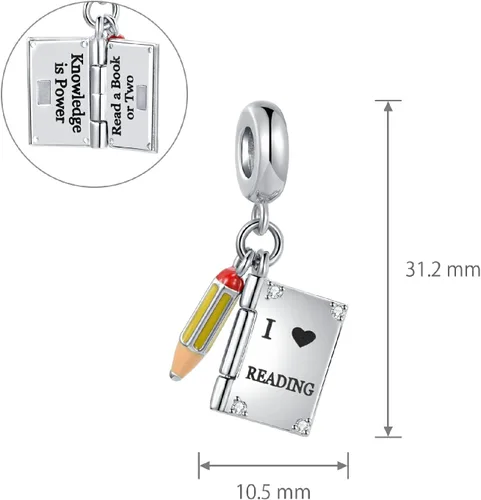 Miniatura 4 de Abalorio de libro con texto en inglés "I Love Reading" compatible con pulseras Pandora para mujeres y niñas