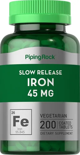 Piping Rock Suplemento de hierro de 45 mg | 200 tabletas vegetarianas | Pastillas de sulfato ferroso de liberación lenta | Sin OMG y sin gluten