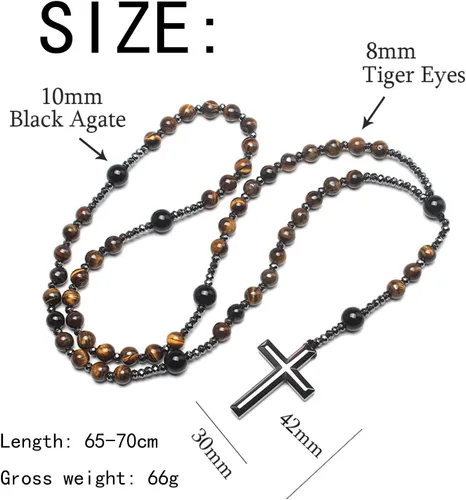 Miniatura 2 de Rosary for Men, Cross Necklace for Men, Tiger Eye Black Obsidian Rosary Beads for Women, Rosarios Catolicos