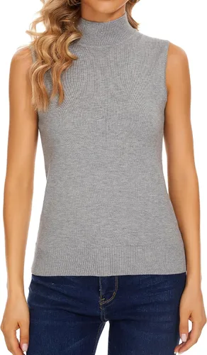 Miniatura 4 de Biffxeu Camisetas de punto sin mangas con cuello alto falso para mujer, suéter suave y ajustado, sin mangas, tops básicos