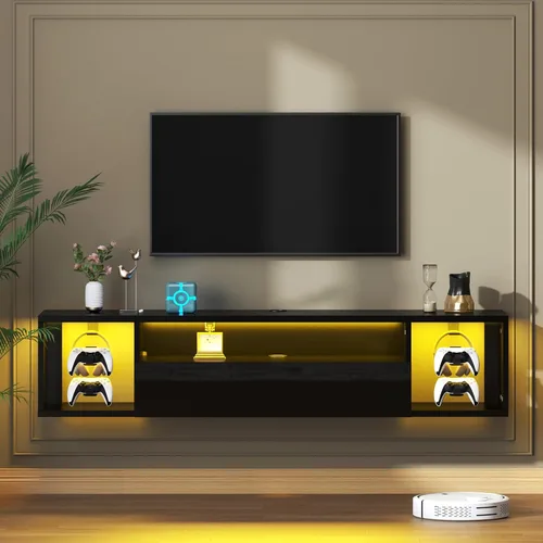 Miniatura 10 de sogesfurniture Soporte de TV de 39.3 pulgadas, centro de entretenimiento flotante con luces, consola multimedia moderna con almacenamiento, soporte