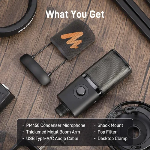 Miniatura 7 de MAONO Micrófono de condensador USB con soporte de choque, brazo de brazo, software, silencio, perilla de ganancia, control de volumen