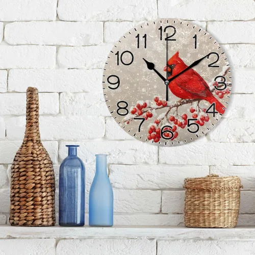 Miniatura 3 de ALAZA Reloj de pared de copo de nieve de pájaro rojo, funciona con pilas, silencioso, de cuarzo, analógico, rústico, rústico, reloj redondo, Rojo
