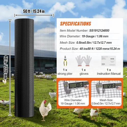 Miniatura 7 de VEVOR Paño de Alambre, Rollo de Malla de Alambre Galvanizado de 48' x 50' 1/2pulgadas, Rollo de Valla de Alambre de Pollo Calibre 19, Malla de Metal