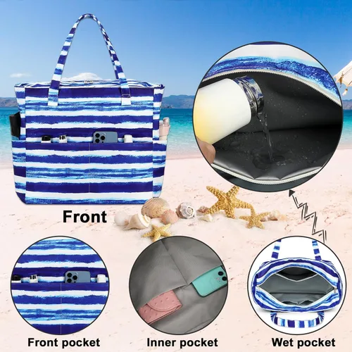 Miniatura 6 de Bolsas impermeables para la playa y la piscina, para mujeres y mujeres, extragrandes, bolsa de transporte con compartimento húmedo para viajes