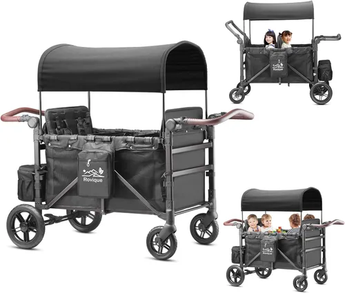 Rovique - Cochecito tipo vagón de 4 plazas – Incluye toldo ajustable, asientos convertibles, bandeja para snacks, organizador para padres, arnés de