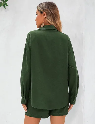 Miniatura 5 de Zeagoo Conjunto de 2 piezas para mujer, conjunto de ropa de descanso de algodón y lino, camisa de manga larga con cuello en V y pantalones cortos
