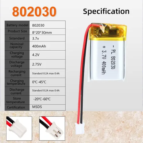 Miniatura 4 de 3.7V 400mAh 802030 Lipo batería recargable de iones de polímero de litio con conector PH2.0.000 in JST