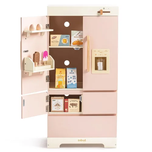ROBUD Refrigerador de madera para jugar, juego de refrigerador de juguete de cocina con máquina de hielo, refrigerador de cocina para jugar, juego