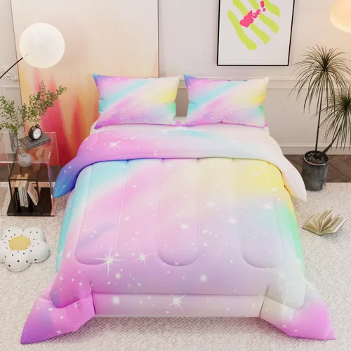 Juegos de edredón con arcoíris rosa para niñas, niños y adultos, diseño 3D con colores brillantes, juegos de edredón decorativos con 2 fundas para