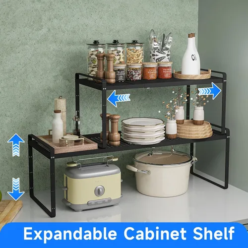 Miniatura 5 de Organizador de estantes de cocina expandibles, organizador de gabinete de cocina, organizador de estante para encimera, despensa, estante de Negro