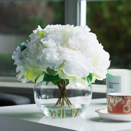 Miniatura 2 de ENOVA FLORAL Flor de peonía artificial con jarrón, arreglo de flores falsas, peonía sintética en jarrón de vidrio para decoración de cocina, oficina