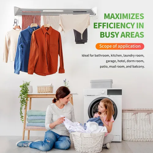 Miniatura 8 de Heshecein - Estante de secado de pared plegable para lavandería, 7 varillas de acero inoxidable, estante de secado plegable para interiores