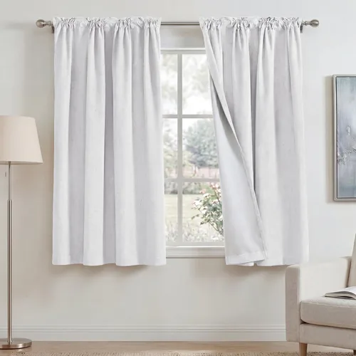 PrinceDeco Cortinas de lino natural de 45 pulgadas para ventana pequeña, bolsillo para barra, cortinas opacas completas con forro blanco, paneles