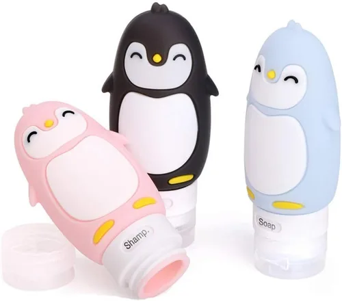Juego de botellas de viaje para líquidos, aprobados por la TSA a prueba de fugas, recipientes de viaje cosméticos de silicona, para champú, Pingüino