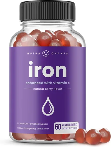 NutraChamps Gomitas de hierro con vitamina C, 20 mg, apoyo a la formación de células sanguíneas, 60 gomitas veganas para deficiencia de hierro y