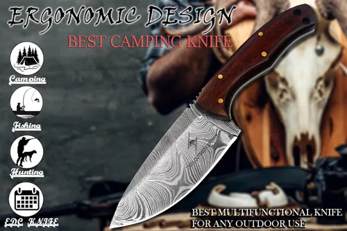 Miniatura 3 de Cuchillo de Acero de Damasco con Funda de Cuero – Cuchillo de Hoja Fija de Espiga Completa de 7.5" con Mango de Madera de Palisandro de 4