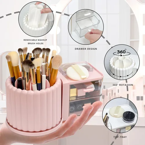 Miniatura 3 de Organizador de Maquillaje para Encimera, Soporte Giratorio 360° para Brochas de Maquillaje con 2 Cajones, Pequeño Organizador Preppy 9.25x5.11