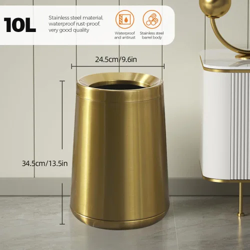 Miniatura 2 de Basurero de oro cepillado de 10L/2.6 galones, cubo de basura de acero inoxidable, cubo de basura cónico con apertura superior, bote de basura dorado
