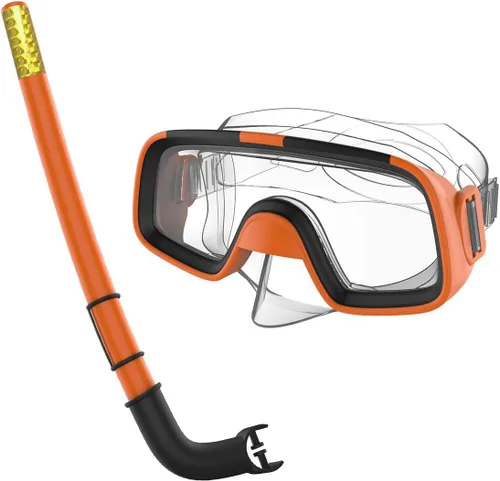 Miniatura 4 de Niños Niños Natación Buceo Snorkel Respiración Tubo Aletas Buceo Juego de lentes, Naranja