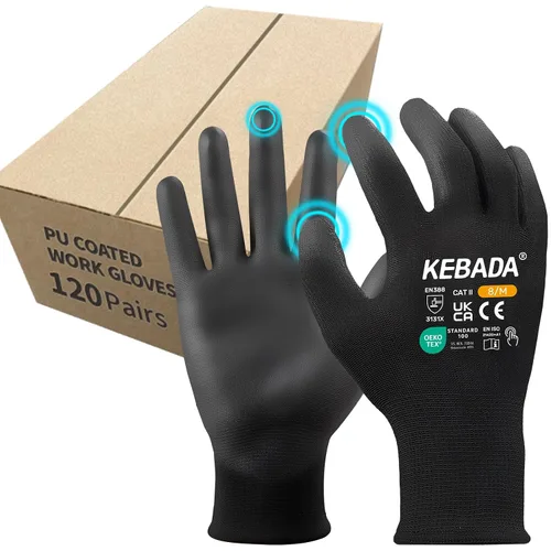 Kebada Guantes de trabajo de seguridad, paquete de 120 pares a granel, pantalla táctil, revestimiento de poliuretano, ideales para almacén, Negro