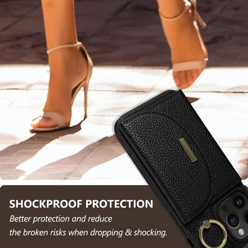 Miniatura 6 de Funda tipo cartera para iPhone 15 Pro de 6.1'', funda plegable con ranuras para tarjetas, soporte con anillo y atril, cubierta protectora tipo folio