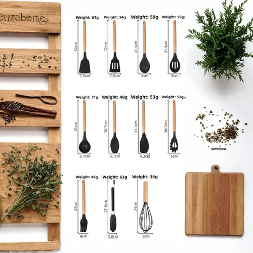 Miniatura 2 de Juego de utensilios de cocina de silicona de 19 piezas, herramientas de cocina resistentes al calor, cuchillos de acero inoxidable con asas
