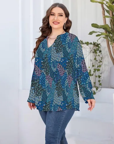 Miniatura 4 de AMCLOS Camisetas de talla grande para mujer, cuello en V, estilo casual, suave, fluido, manga larga con botones