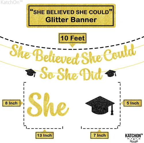 Miniatura 4 de KatchOn, Cartel de She Believed She Could So She Did - Cartel con purpurina de 10 pies, sin bricolaje, pancarta dorada y negra con la frase "You Did