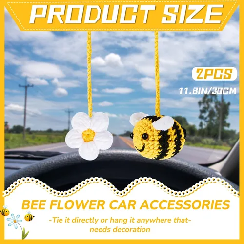 Miniatura 2 de 4 piezas de lindos accesorios para espejo retrovisor de abeja y flor, decoración de coche de ganchillo, accesorios para espejo de coche tejidos a