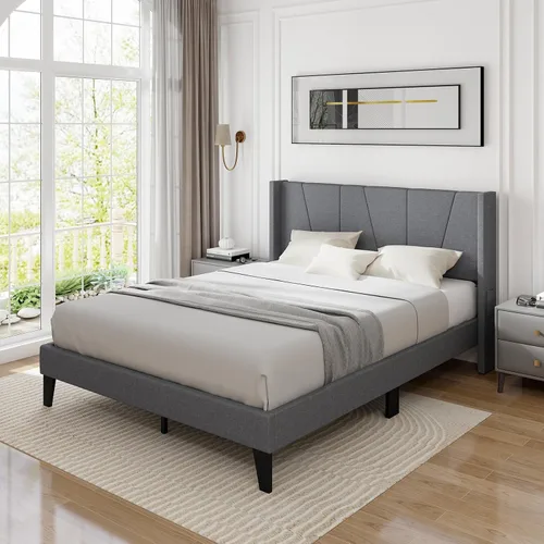 Miniatura 3 de KOMFOTT Base de cama tapizada tamaño Queen con cabecera con respaldo de ala, plataforma moderna con soporte de listones de madera, base de colchón