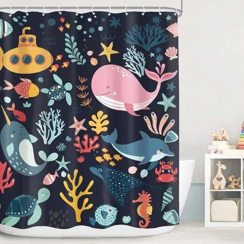 Miniatura 12 de Cortina de ducha para niños, océano, verano, linda ballena de dibujos animados, divertida decoración de baño para guardería, niños y niñas