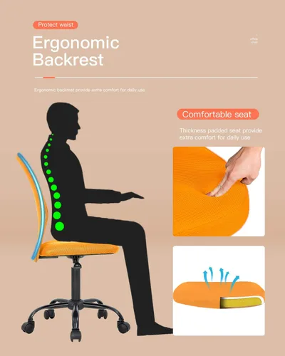 Miniatura 3 de HHS Silla de oficina en casa con malla sin brazos, ergonómica, ajustable, respaldo medio para mujer, pequeño, moderno, giratorio, con ruedas, hogar