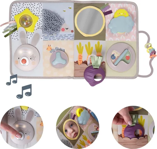 Miniatura 3 de Taf Toys Tablero de actividades para recién nacidos y niños pequeños con música y luces, 13 actividades Montessori, espejo seguro para bebés