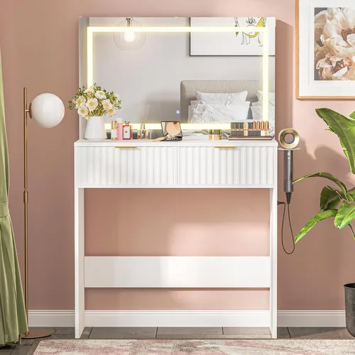 Miniatura 5 de Escritorio estriado con espejo y luces, tocador de maquillaje con 2 cajones, 3 modos de iluminación de brillo ajustable, tocador para dormitorio