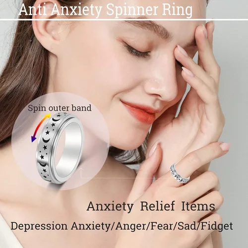 Miniatura 4 de Anillo de ansiedad para mujer, anillos giratorios: anillos giratorios de acero inoxidable de 0.236 pulgadas (0.236 in) con luna y estrella