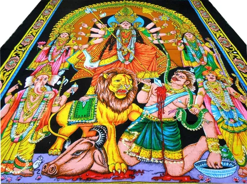 Miniatura 3 de CraftsofIndia® Goddess Durga Killing Mahishasura Sequins sitara - Pintura de algodón para colgar en la pared, tamaño 43 x 30 pulgadas