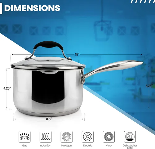Miniatura 2 de AVACRAFT Cacerola de acero inoxidable con tapa coladora de vidrio, dos picos laterales para verter fácilmente con mango ergonómico, olla multiusos