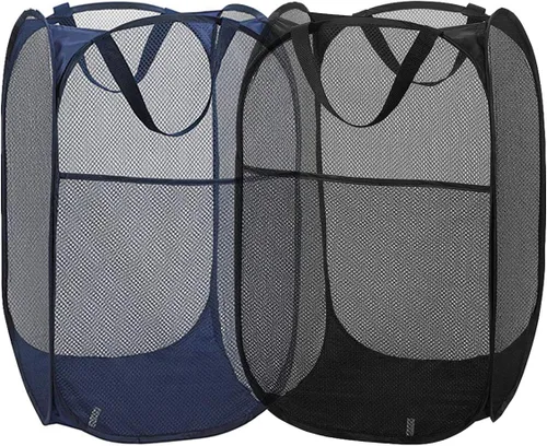 Paquete de 2 cestas de malla desplegable para la ropa sucia (negro/azul marino) con asas duraderas portátiles, plegables para almacenamiento, cestas