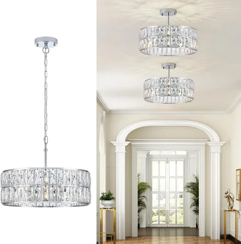 Miniatura 21 de Lámpara Colgante de Cristal de 4 Luces Araña Moderna Negra Pequeña de 12" Cristal Semi Empotrada Luz de Techo Redonda para Isla de Cocina, Negro