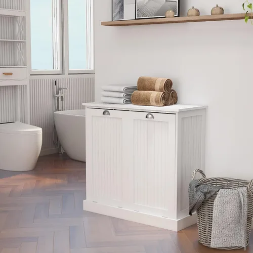 Miniatura 10 de RASOO Gabinete de basura de doble inclinación hacia fuera, cesta de lavandería independiente de madera con 2 cajones, cubo de basura de cocina